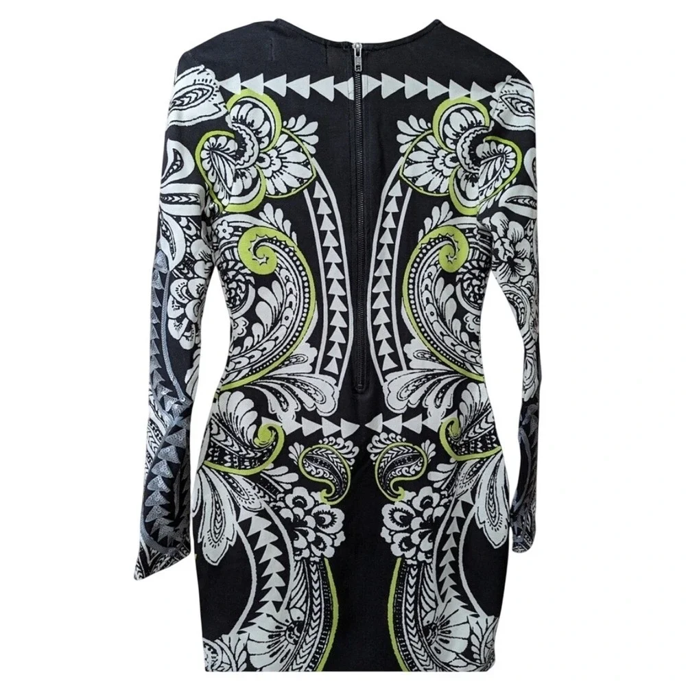 MINKPINK Black White Lime Green Paisley Print Long Sleeve Mini Dress‎ Size S
